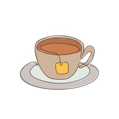 Single continuous line drawing of stylized cup of tea with teabag and drink coasters. Emblem tea shop logo concept. Modern one line draw design vector graphic illustration for cafe and beverage store