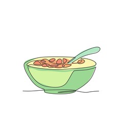 Single continuous line drawing of stylized bowl of cereal breakfast with fresh milk. Healthy whole wheat food concept. Modern one line draw design natural food vector illustration graphic