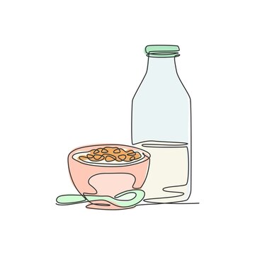 recommend clip art: One continuous line drawing fresh delicious bowl of cereal breakfast and a bottle of milk. Healthy breakfast template concept. Modern single line draw design natural food graphic vector illustration