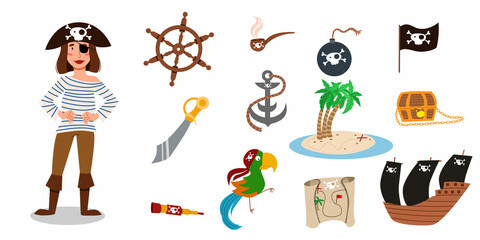 A set of pirate items. a pirate character of a girl in a suit, hat and an eye patch. A woman in a striped jacket, hands on her waist. vector illustration of a pirate sailor