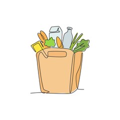 Fototapeta na wymiar One single line drawing of fresh vegetables, milk, lettuce, carrot and bread vector graphic illustration. Daily staple food badge concept. Modern continuous line draw grocery store design