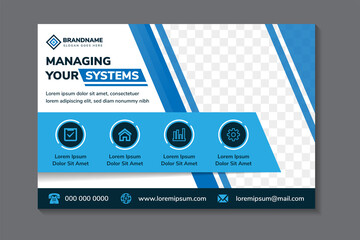 Vector abstract horizontal banner with multicolored blue modern futuristic hi-tech background. managing your system flyer design template with diagonal photo space.