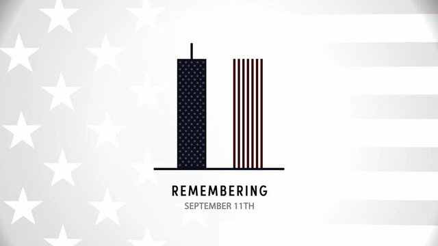 September 11, remember 9 11, Patriot day . We will never forget, the terrorist attacks of 2001. Representation of the twin towers, world trade center.	