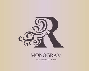 Letter R. Abstract Monogram. Calligraphic curls, similar to wind or curly hair. Creative Art Logo Design. Elegant Template for Brand Name, Business Card, Boutique, Salon, Label. Vector Illustration
