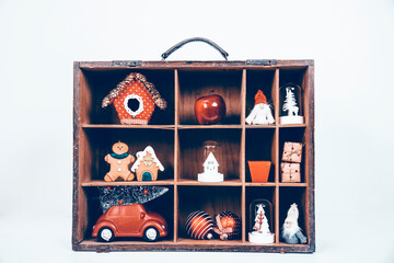 Christmas decorations in vintage wooden box