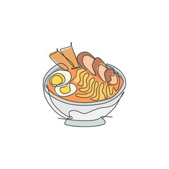 One single line drawing of fresh Japanese ramen logo graphic vector illustration. Fast food Japan noodle cafe menu and restaurant badge concept. Modern continuous line draw design street food logotype