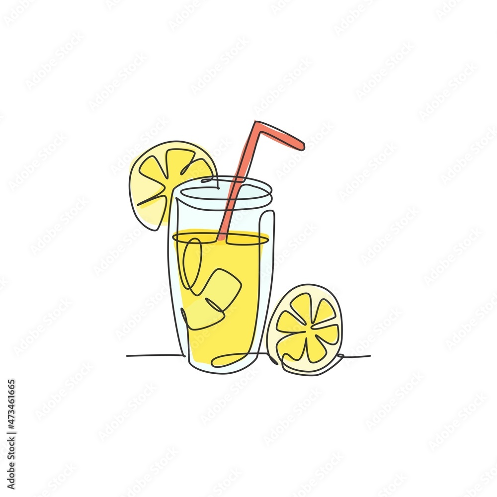 Aufkleber one continuous line drawing of fresh delicious lemonade ice with sliced lemon for restaurant menu. d