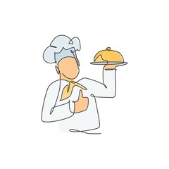 One continuous line drawing of man chef character posed thumbs up gesture for restaurant logo emblem. Food cafe shop logotype template concept. Modern single line draw design vector illustration