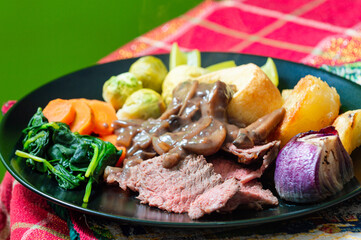 Roast Beef. English style roast dinner. Christmas dinner.