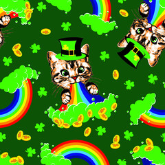 Kitten pukes rainbow seamless pattern. St Patrick's day vector illustration.