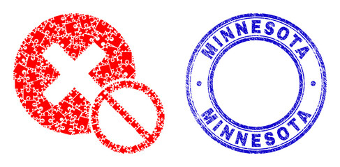 Puzzle not negative mosaic pictogram with Minnesota seal stamp. Blue vector round textured seal with Minnesota title. Abstract mosaic of not negative icon constructed of puzzle plugins.