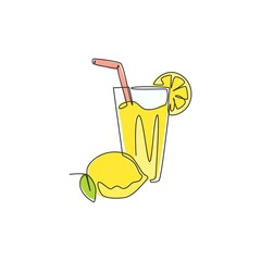 Single continuous line drawing of stylized lemonade ice logo label. Beverage lemon drink menu restaurant concept. Modern one line draw design vector illustration for cafe shop or food delivery service - obrazy, fototapety, plakaty