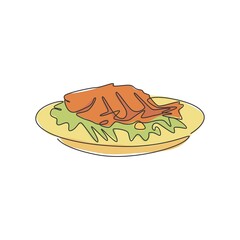 One single line drawing fresh delicious baked carp fish logo graphic vector illustration. Tasty seafood cafe menu and restaurant badge concept. Modern continuous line draw design street food logotype