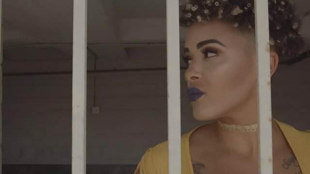 A woman with dark blue lips and a yellow dress dancing behind the metal grill.