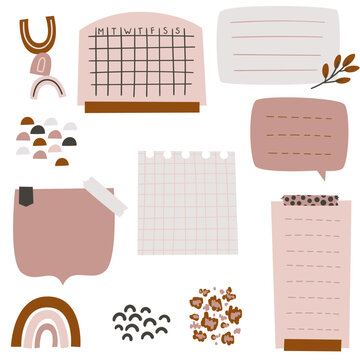 Bullet journal or planner digital stickers and paper set. Digital bullet journaling, snail mailing, or planning. Cartoon vector art. 