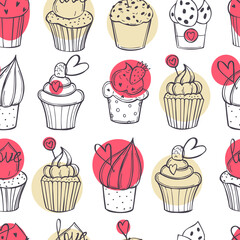 Vector pattern with Valentine's Day cupcakes.
