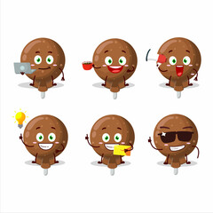 Orange lolipop wrapped cartoon character with various types of business emoticons