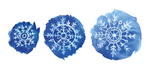 Set of watercolor snowflakes illustrations. Festive traditional decor, sign of winter, cold weather. Hand painted drawing isolated on white background.