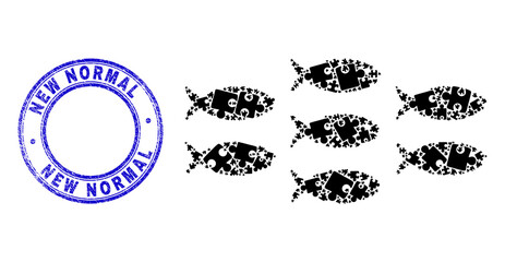 Puzzle fish school mosaic icon with New Normal seal. Blue vector round scratched seal with New Normal message. Abstract collage of fish school icon organized of puzzle items.