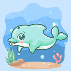 Cartoon cute dolphin with deep sea scenery background