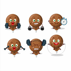 A healthy orange lolipop wrapped cartoon style trying some tools on Fitness center