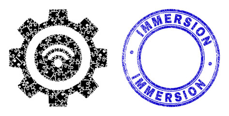 Puzzle wifi smart gear mosaic icon with Immersion seal stamp. Blue vector rounded scratched seal stamp with Immersion caption. Abstract concept of wifi smart gear icon organized of puzzle components.