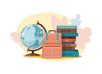 School supplies. Books, globe and school bag - 473464247