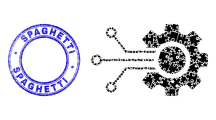 Obraz premium Puzzle smart gear connection mosaic icon with Spaghetti seal. Blue vector rounded scratched seal stamp with Spaghetti caption.