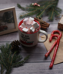 Cocoa with marshmallows, caramel candies, toys on a wooden photophone.