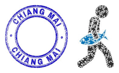 Puzzle fish courier mosaic icon with Chiang Mai stamp. Blue vector rounded distress seal stamp with Chiang Mai caption. Abstract mosaic of fish courier icon done of puzzle elements.