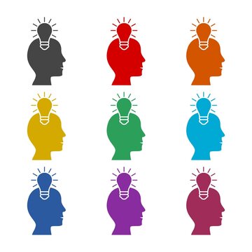 Light bulb idea head icon isolated on white background, color set
