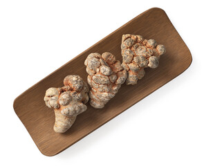 Dried notoginseng in the wooden bowl,  isolated on white background, top view