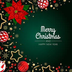 Fototapeta na wymiar Merry Christmas and Happy New Year. Xmas background with poinsettia, Snowflakes, star and balls design.