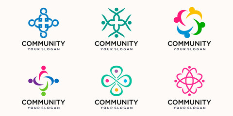 Creative Colorful people community Icon Logo Design Template. Team of four people together icon isolated