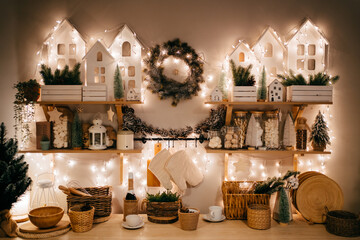 Christmas decor. electric garlands on decorated in kitchen for new year. 