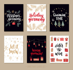 Set Holiday giveaway cards with handwritten lettering and decorative Christmas and Happy New Year elements.