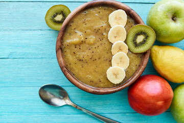 fruit dessert smoothie vitamins fresh delicacy blue background