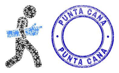 Puzzle index finger courier mosaic icon with Punta Cana seal stamp. Blue vector round textured seal stamp with Punta Cana phrase. - obrazy, fototapety, plakaty