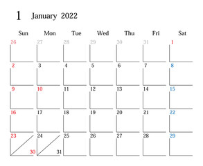 2022年1月、日本のカレンダー
