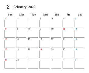 2022年2月、日本のカレンダー