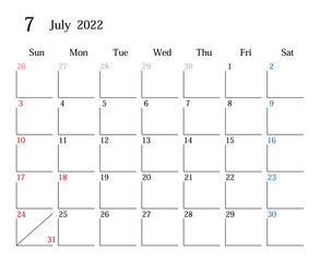 2022年7月、日本のカレンダー