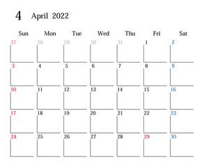 2022年4月、日本のカレンダー