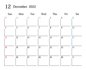 2022年12月、日本のカレンダー