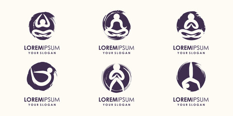 Abstract yoga people combined brush logo design. Gym, fitness, running trainer vector logo. Active Fitness, sport, dance web icon and symbol