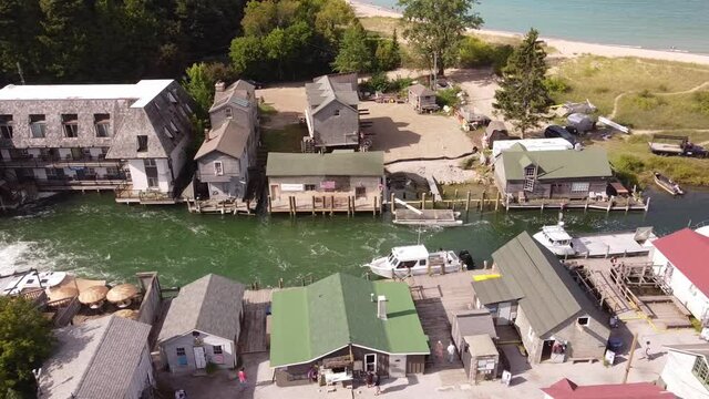 Historic Fishtown In Leland Michigan - aerial drone shot