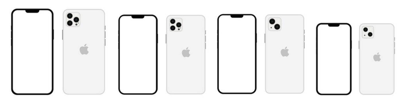 Realistic mockup white iphone 13 set all colours and models, mockup smartphone with white screen