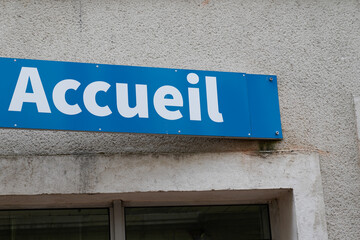 Accueil text sign french on entrance means welcome reception place