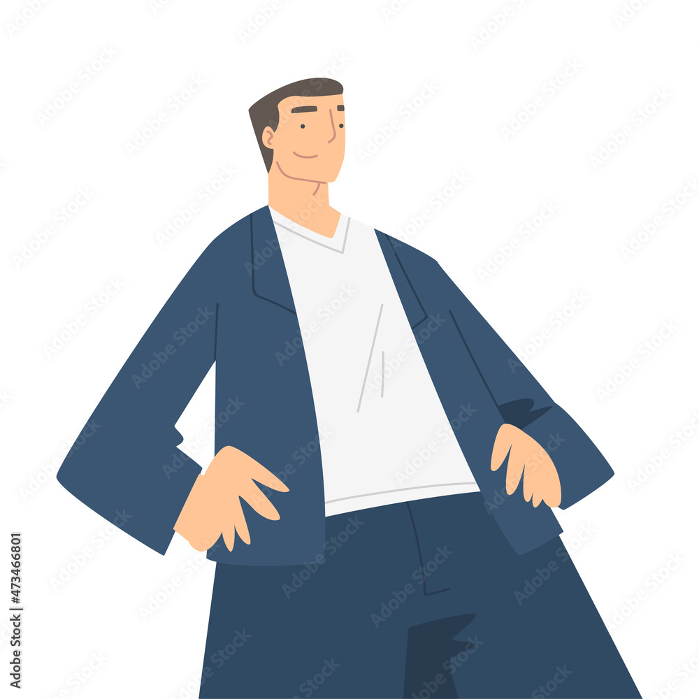 Sticker man character in formal suit standing and smiling perspective view vector illustration