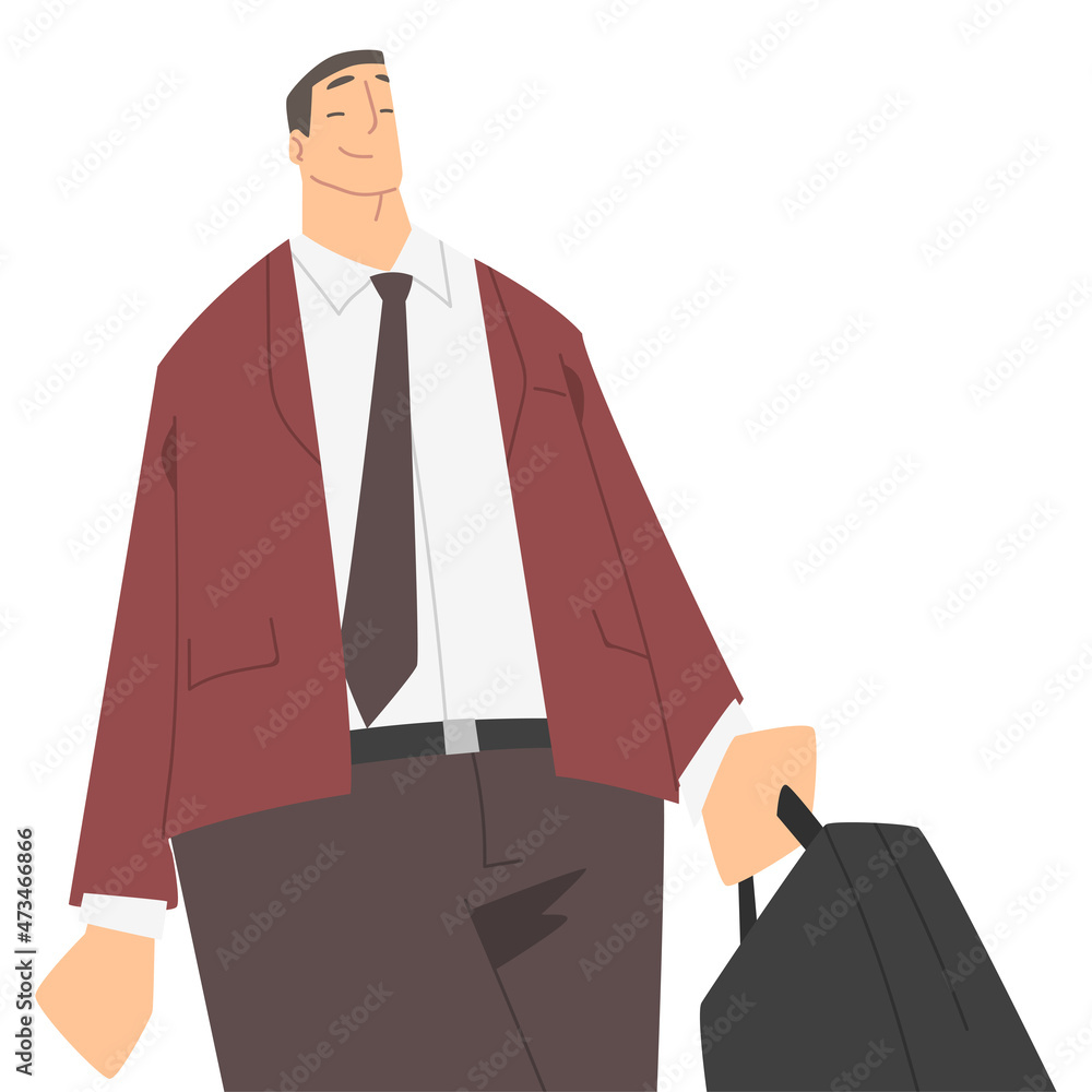 Poster man character in formal suit and tie walking with briefcase and smiling perspective view vector illu