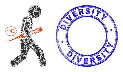 Puzzle temperature patient mosaic icon with Diversity seal stamp. Blue vector round scratched seal stamp with Diversity title.